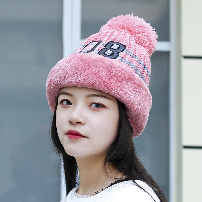 Женские Зимние Вязаные Лыжные шапки с бархатным вышитым помпоном розовый