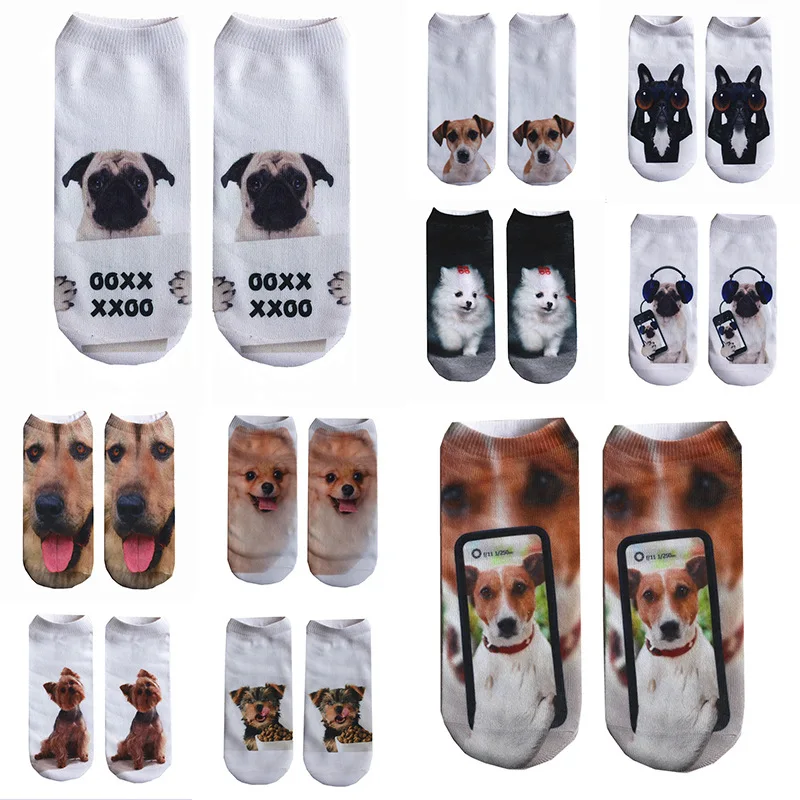 

6pairs Women Ankle Sock Multiple Color Girls Cute Fashion Cotton Animal Socks Cute Pug Dog Husky 3D Printed Funny Sock Meias Sox