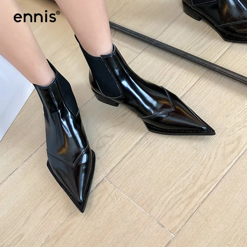 ENNIS/ г. черные ботинки «Челси» женские ботильоны с острым носком Осенняя обувь из натуральной кожи на низком каблуке Модные женские ботинки на плоской подошве, A913