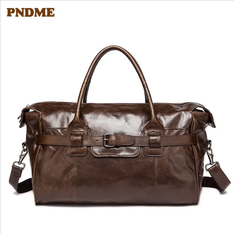 PNDME vintage genuine leather brown men's travel bag top layer cowhide large capacity handbag designer women duffle bag