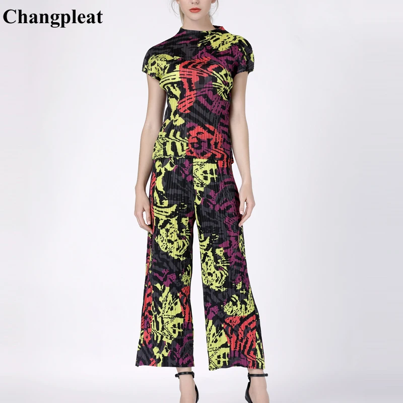 Женский плиссированный костюм Changpleat свободный с широкими штанами и футболкой