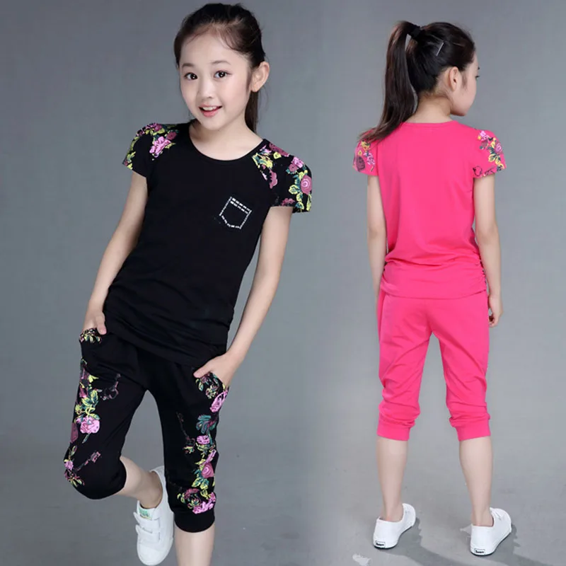 

Children Clothing Sets Summer Girls Sports Suit Cotton Print Short Sleeve T-shirt+Pants 2Pcs Girls Clothes