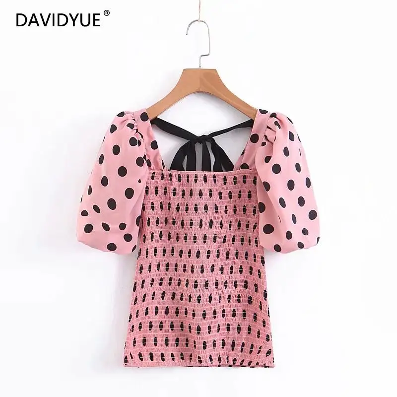 Винтаж Boho kawaii В Горошек розовая блузка женская летняя обувь на шнуровке