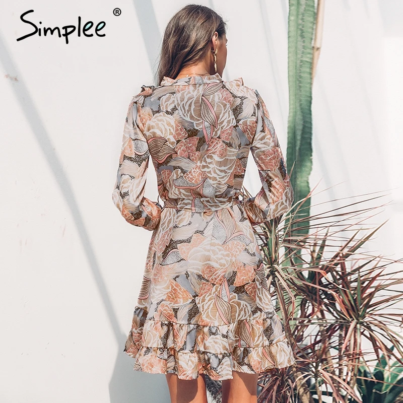 Simplee Elegant floral print women short shirt dress V neck long sleeve ruffle satin vestidos Spring casual plus size sundress | Женская