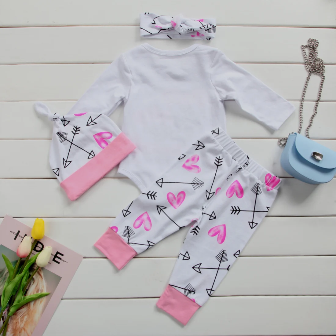 Toddler Newborn Baby Girl Rompers+Print Long Pants+Hats+Headband 4pcs Outfits Clothes Set Autumn Cotton Kids Clothing Sets | Детская