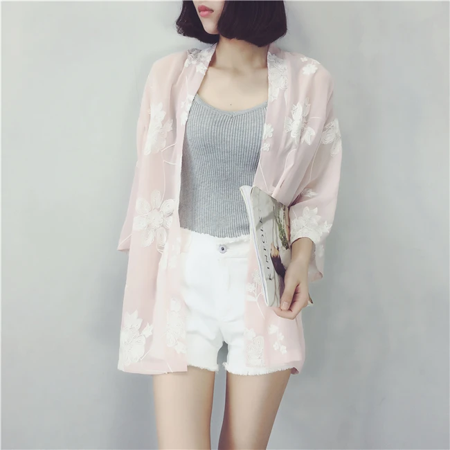 Женское кимоно с цветочной вышивкой TingYiLi пляжный шифоновый кардиган белый синий