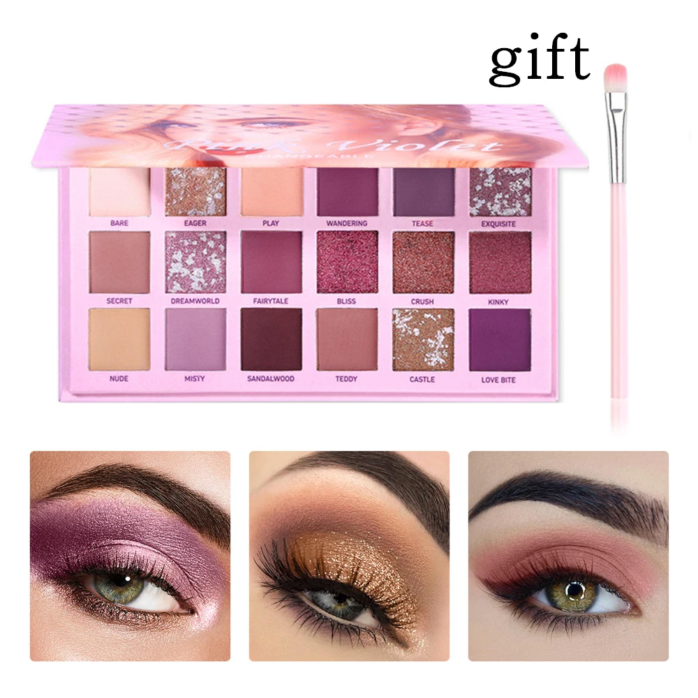 Розовые фиолетовые нюдовые тени для век палитра 18 цветов Тени с кистью мерцающие