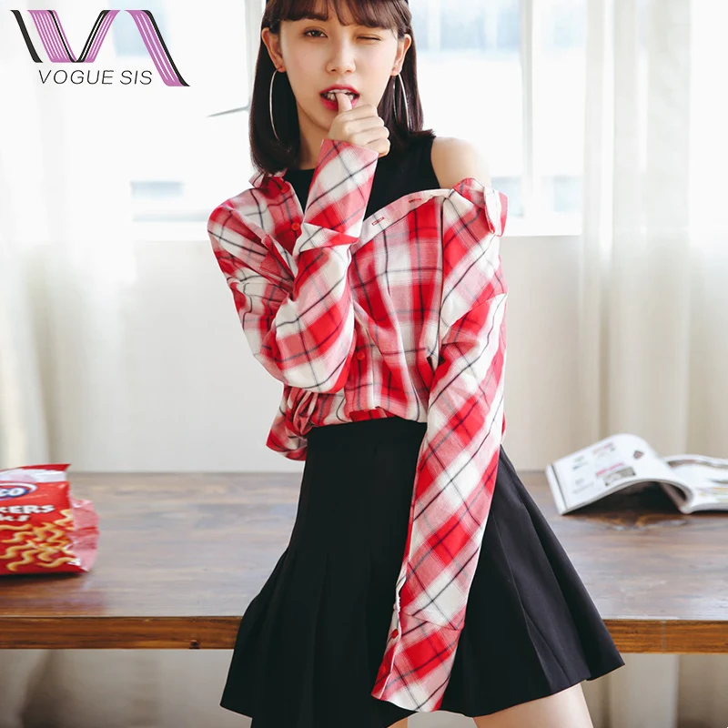 VOGUE SIS Поддельные Из Двух Частей Blusas Femininas 2017 Camisas Мода С Плеча Плед Лоскутное Осень