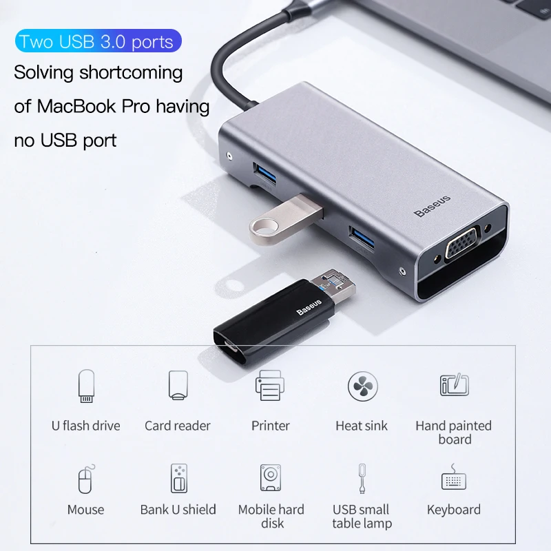 Baseus Мульти USB C концентратор для HDMI USB 3,0 SD TF кард-ридер VGA адаптер USB разветвитель для MacBook Pro Air type C зарядка USB C док-станция