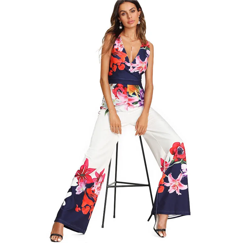 

Boho Jumpsuits Women Sexy Costumes V Neck Sleeveless Wide Leg Pants Summer Rompers Casual Floral Print Streetwear Overalls B072