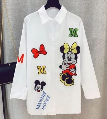 New Long Loose Shirt Women Turn-Down Collar Cartoon Sequins Tdress Long Blouse Casual Feminina Blouses Women Shirts NS140