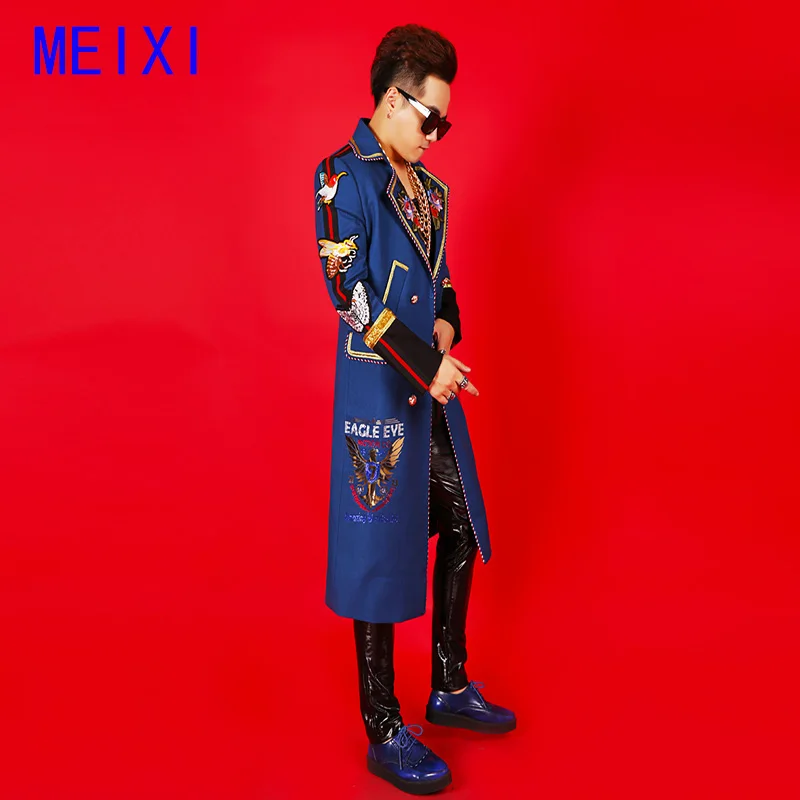 Костюм Kris wu Королевского синего цвета украшенный вышивкой длинный мужской Тренч