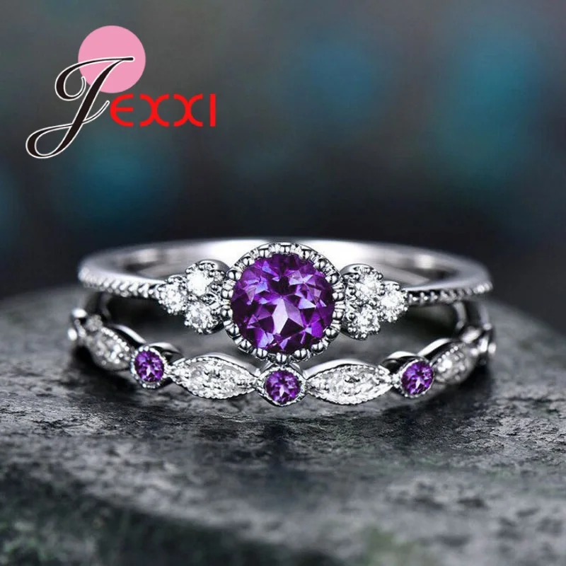 Purple Модные 925 пробы серебряные ювелирные изделия кольца для женщин девочек проложить Блестящий четкий кубический цирконий Beat Свадьба юбилей 2 шт - Цвет основного камня: Purple