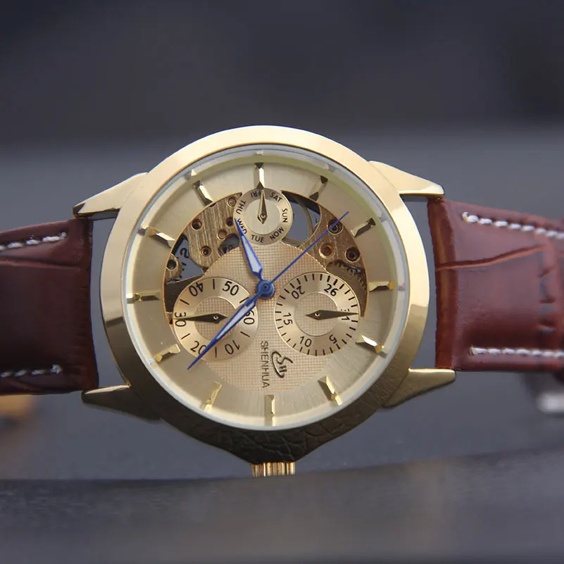 2016 новые случайные платье часы золотые моды для мужчин скелет автоматические