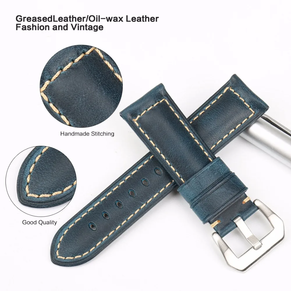 MAIKES Watch Accessories Oil Wax Leather Watch Strap 20mm 22mm 24mm 26mm Watchbands Vintage Blue Watch Band Bracelet For Panerai