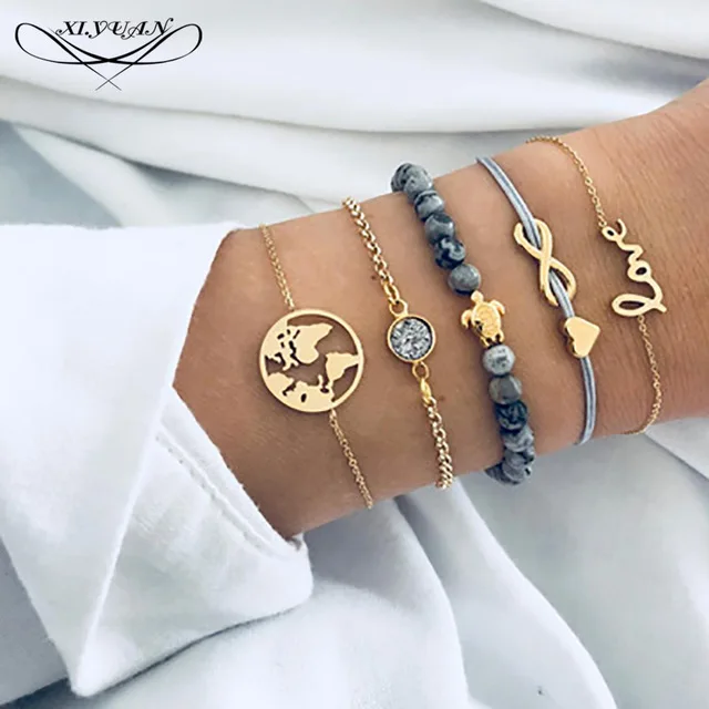 Boho полые круг кристалл Bileklik открытым браслеты для женщин рыбные кости листья треугольники мяч браслет комплект леди ювелирн - Окраска металла: 9