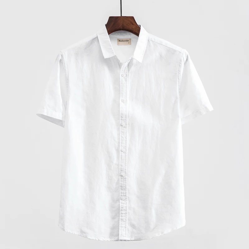 

Мужская простая повседневная льняная рубашка в японском стиле, мужские рубашки с короткими рукавами и квадратным воротником, рубашка из хл...