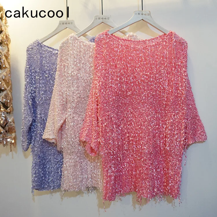 Женский трикотажный свитер Cakucool свободный с коротким рукавом и блестящими