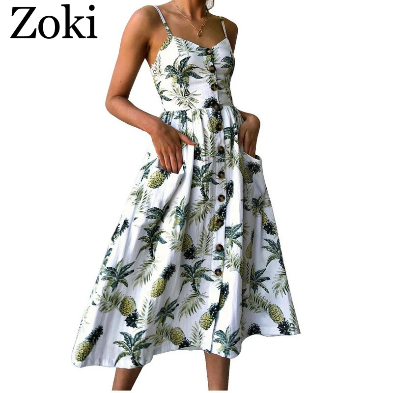 Женское богемное платье на бретельках Zoki летнее пляжное туника с цветочным