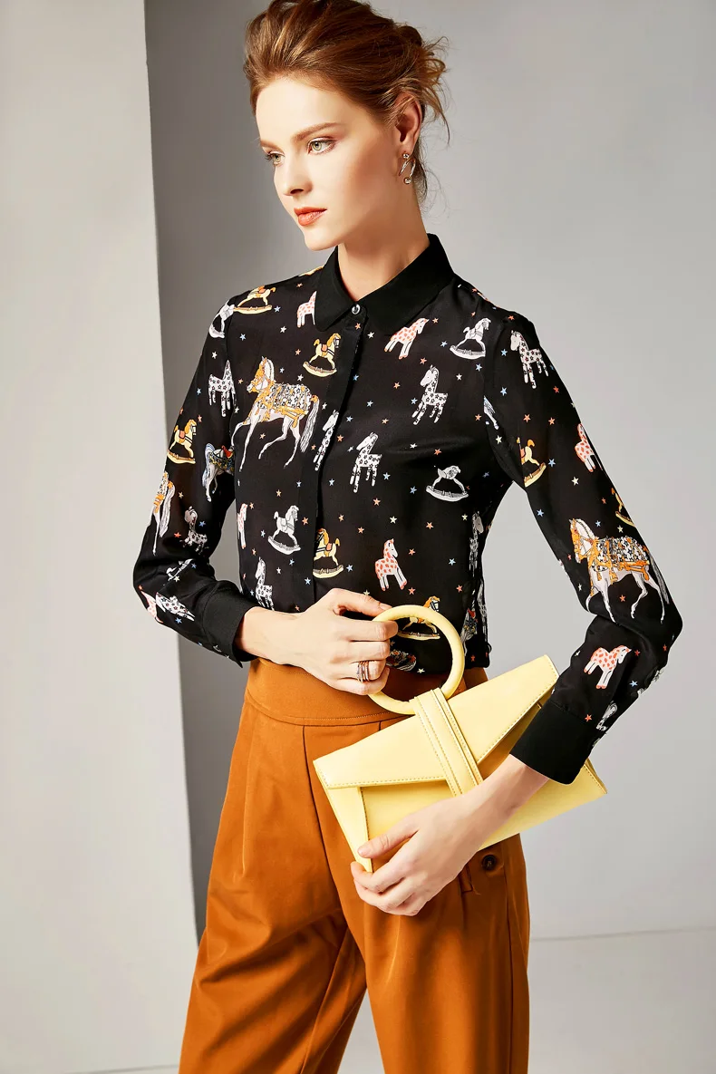 100% Pure Silk Women's Runway Shirts Turn Down Collar Animals Cartoons Printed Fashion |