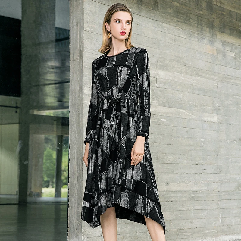 POKWAI Autumn And Winter New Long Sleeve Round Collar Fashion Black White Plaid Irregular Dress Slim a-Line | Женская одежда