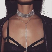 shiny full crystal rhinestone choker necklace for women gold long chain punk goth sexy nightclub party collier femme jewelry