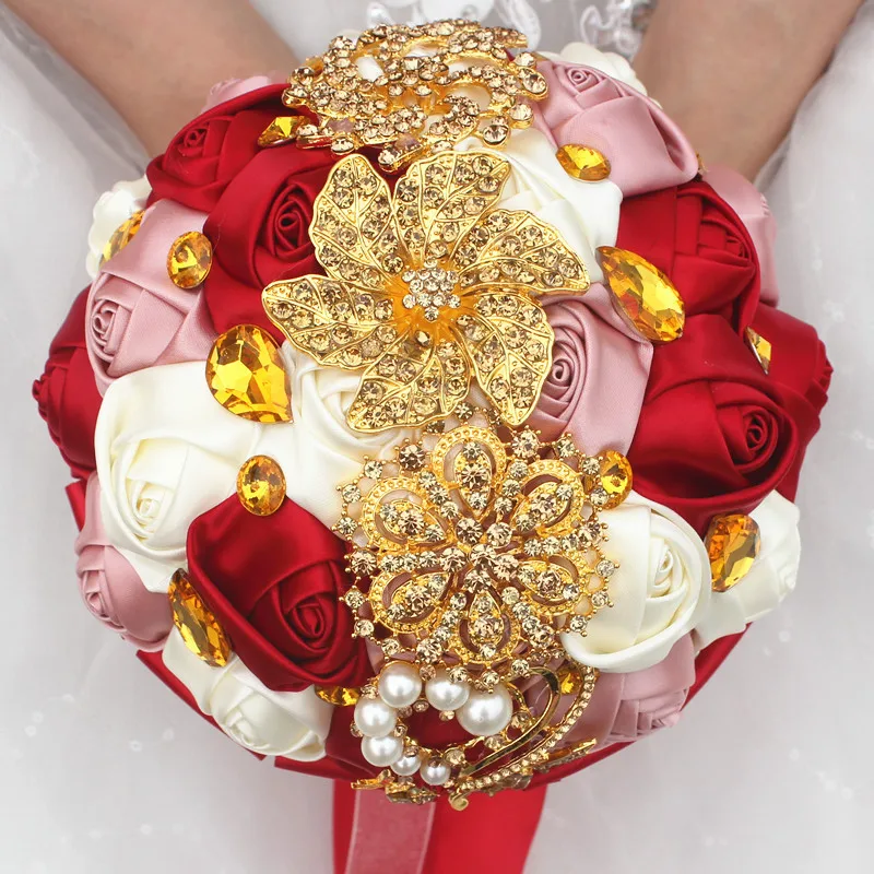 

Handmade Vintage Bridal Bridemaids Bouquet Satin Rose Flower Golden Crystal Rhinestone Brooch Wedding Bouquets Floral Decorative
