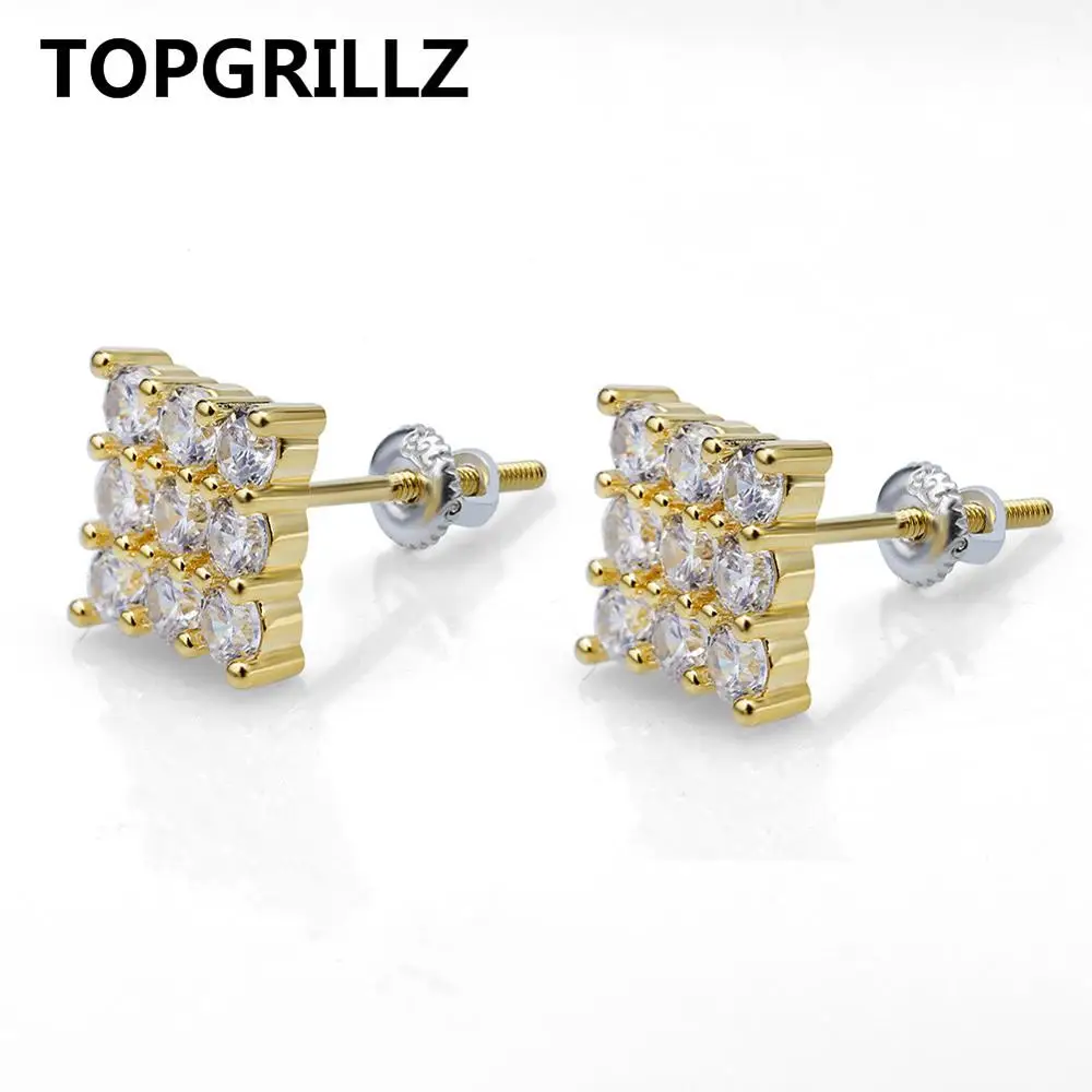 Gold TOPGRILLZ хип хоп 3Row кубический циркон квадратные мужские серьги-гвоздики женские ювелирные изделия золотого, серебряного цвета CZ серьги с закручивающаяся задняя часть пряжки - Окраска металла: Gold