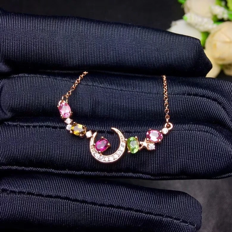 Natural Multicolor tourmaline Necklace Gemstone Pendant S925 sliver trendy Lovely Moon girl party gift Jewelry | Украшения и