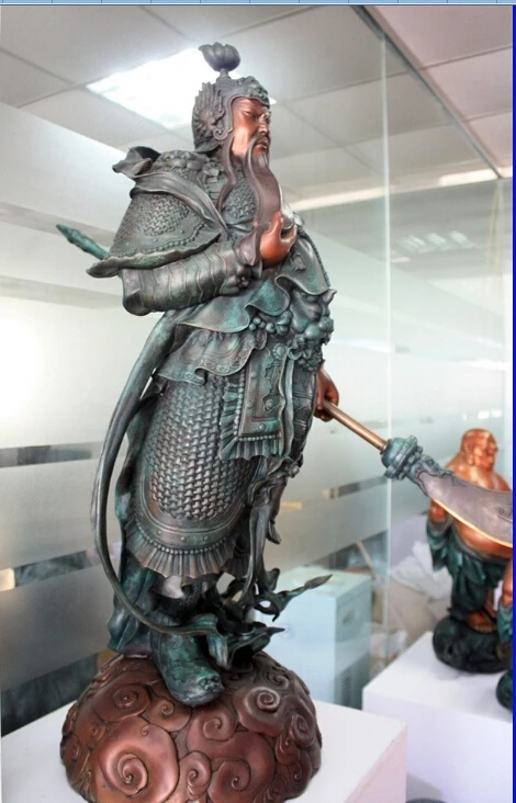 35 Китай Бронза Медь Скульптура Гуань Гун Юй Воин Дракон Будда Меч Статуя (0319