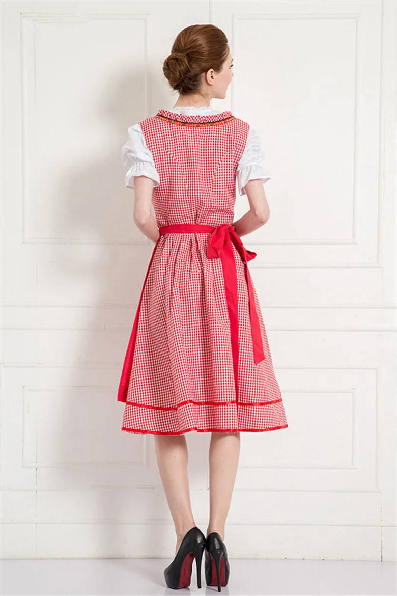 Красный решетки Октоберфест Платье Dirndl костюмы баварского пива Wench официантка