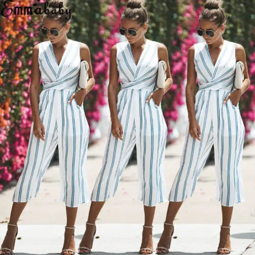 Летний женский комбинезон безрукавка v-образный вырез с высокой талией Полосатый