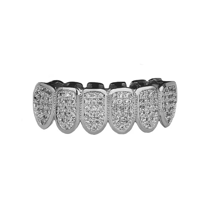 Блестящие хип-хоп грили Iced Out CZ Клык Рот Зубы грили шапки Верхняя и нижняя зуб набор для мужчин и женщин вампир грили модные украшения - Окраска металла: Silver Down Tooth