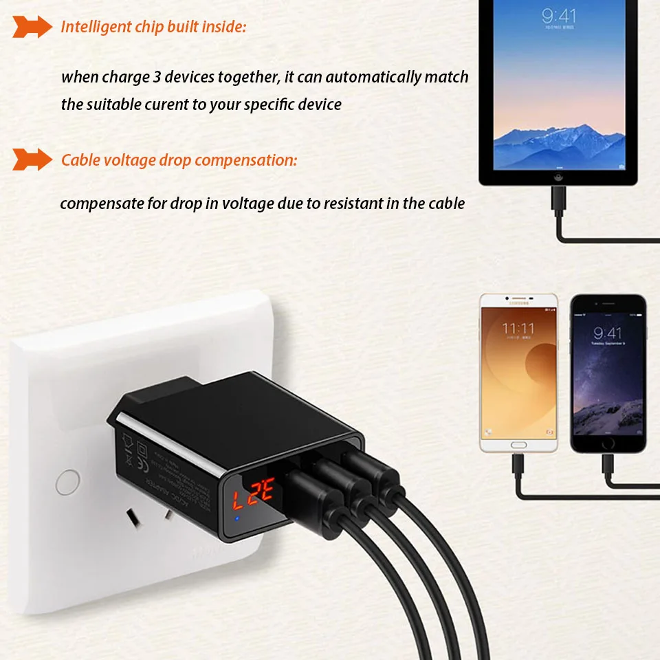 3 USB EU настенное зарядное устройство для путешествий цифровой светодиодный
