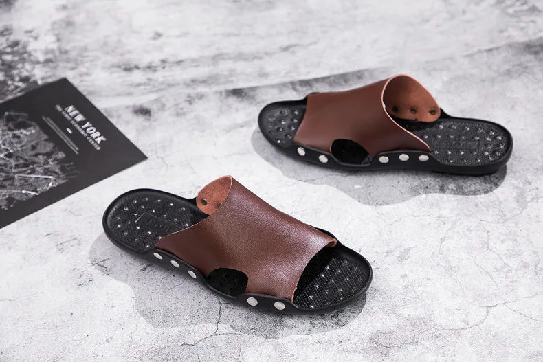 Mazefeng Summer Genuine Leather Slippers High Quality Men Sandals Rivet Beach Mens Slippers Platform Male Sandals Rubber Shoes