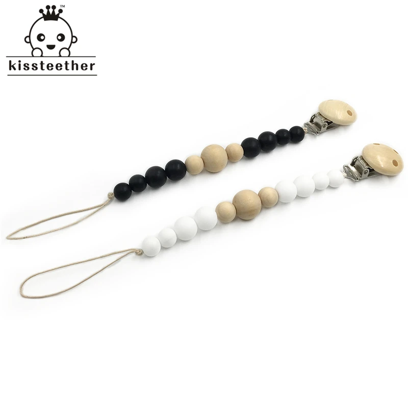 Mordedor de silicona para beb&eacute;, chupete de madera, Clip para chupete para reci&eacute;n nacido, cuentas para masticar, juguete Natural para la dentici&oacute;n del beb&eacute;-1