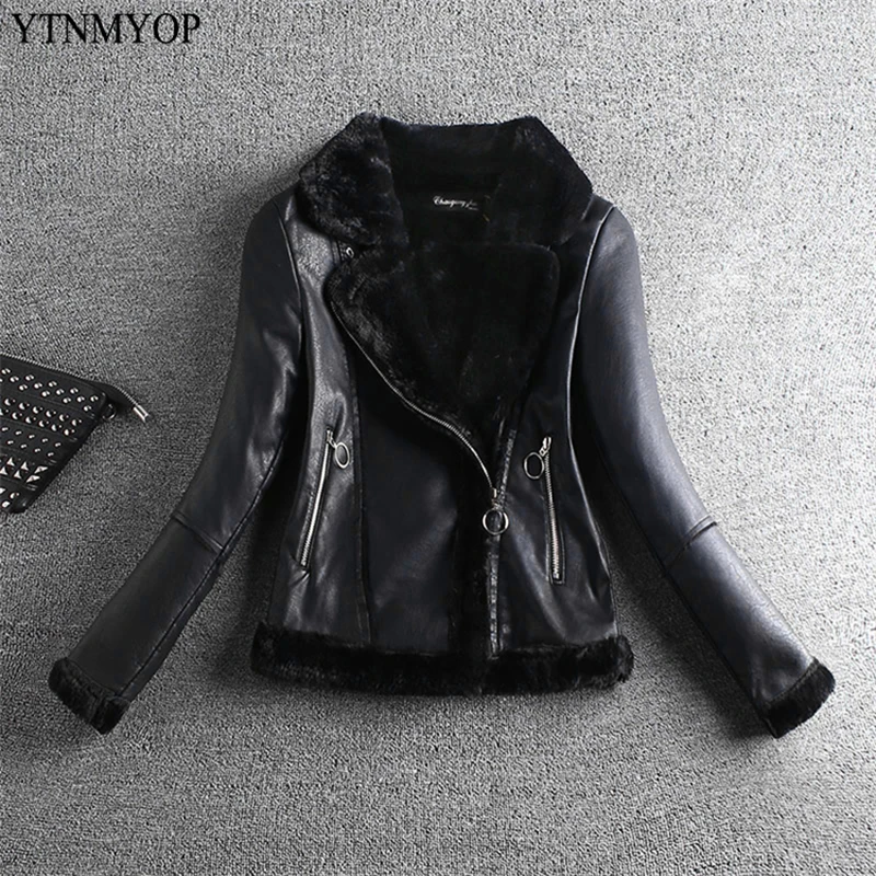 YTNMYOP зимняя мотоциклетная одежда женская зимняя овечья шерсть pu кожаная куртка толстый отложной воротник осенние кожаные пальто