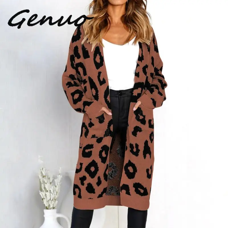 

Women leopard knitted long cardigan long sleeve sweater overcoat for female women 2019 autumn new outwear coats women autumn