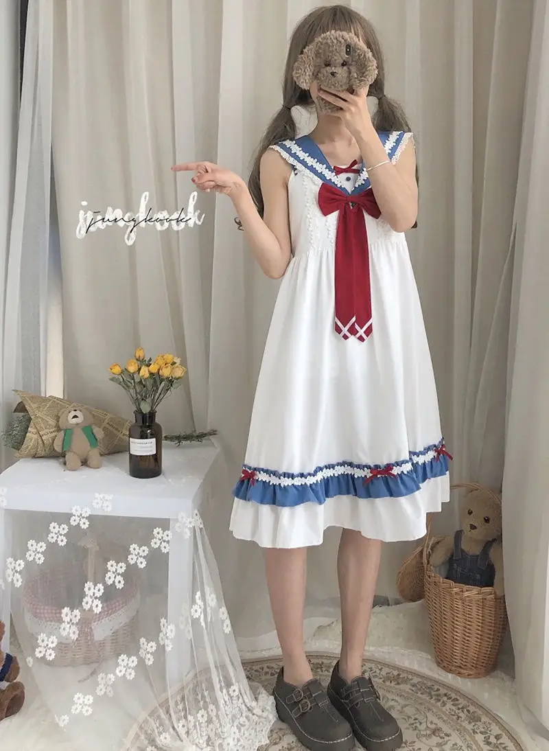 Летнее женское милое платье популярное японское темно синее с воротником и