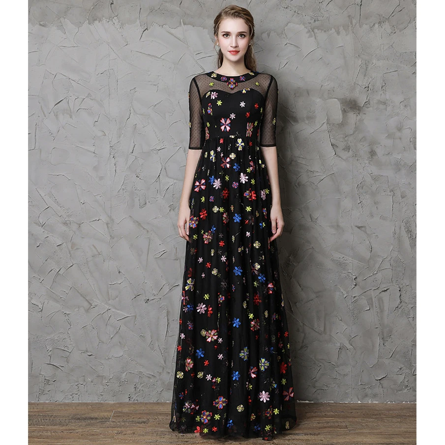 CEEWHY O-Neck Floral Embroidery Black Evening Dresses Long Prom Abiye Vestido de Noche Vintage Dress Half Sleeve | Свадьбы и