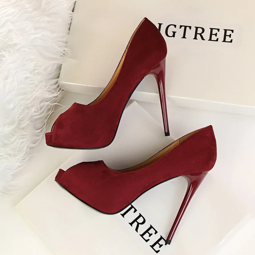 

Women Pumps Shoes Summer Flock Peep Toe Slip-On Platform Shallow 12cm Thin High Heels Solid Party Club Lady Sexy Female Shoes