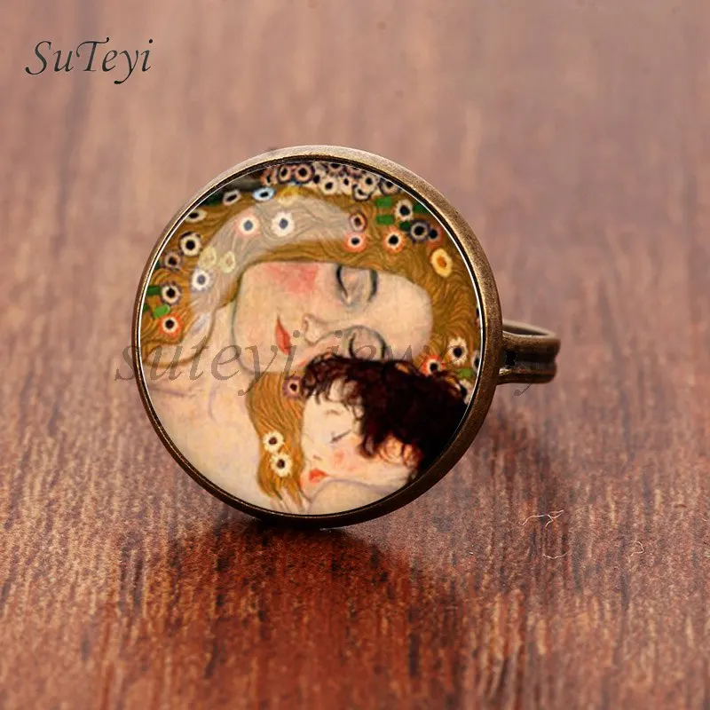 Suteyi, модные Камея Kiss Klimt из стекла, художественное кольцо для фото, ювелирные изделия ручной работы, регулируемый размер, кольца, подарки для девочек