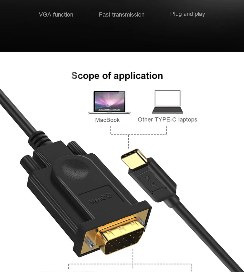 QGEEM USB C к VGA Кабель USB type C USB-C к VGA Мужской конвертер Кабель-адаптер для Apple, Macbook ProDell XPS 13 VGA USB-C
