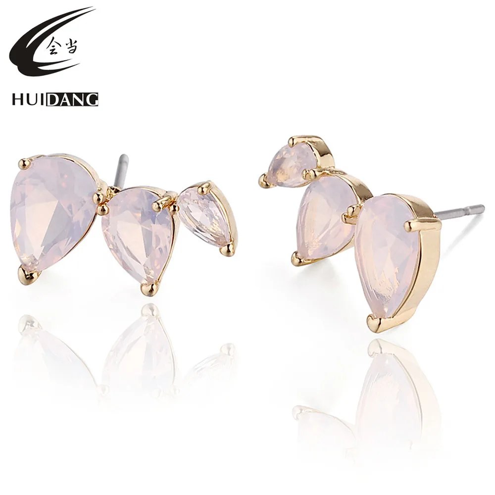 

HUIDANG Gold Plating Water Drop Zircon Claw Setting Brass Stud Earring for Women Opal Pink Crystal Earring