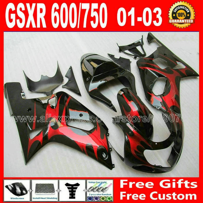 

Бесплатный комплект обтекателей для SUZUKI 7 подарок GSXR 600 750 K1 # OYB 2001 2002 2003 GSX R600 R750 01- 03 черный красный