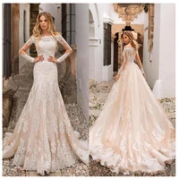 champagne wedding dress lace appliques full length sleeves wedding bride dresses buttons back wedding gowns detachable trailing