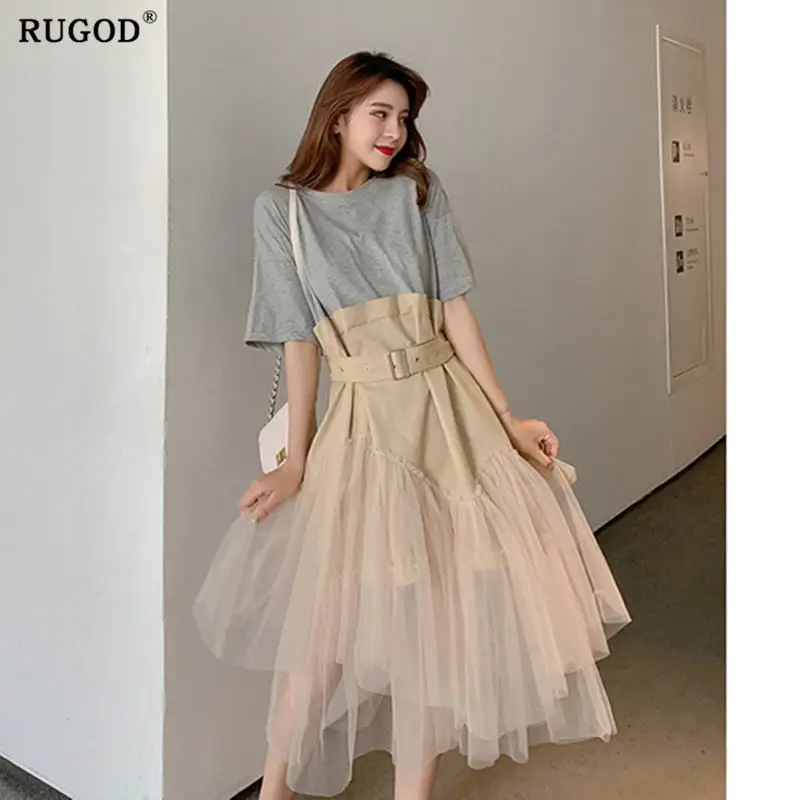 

RUGOD 2019 New Fashion Belted Round Neck Short-sleeved T-shirt Women Casual Fake Two-piece Stitching Dress Robe Befree