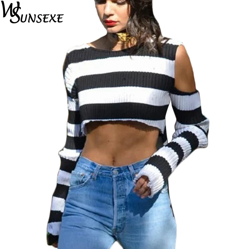 Женский свитер в полоску с открытыми плечами укороченный топ длинным рукавом