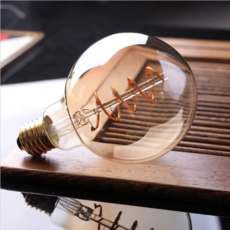 売却 スパイラルフィラメントled、エジソンg95グローブ電球、4ワット、アンバーガラス、スーパー暖かい2200 K、e27ベース、装飾ライト、調光可能