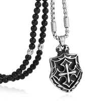 mens 316l stainless steel cross knights templar shield pendant necklace with black natural stone chain 26